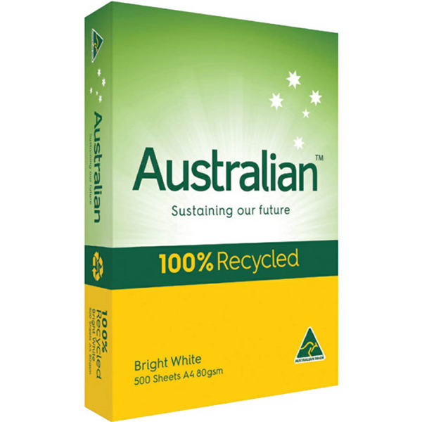 AUSTRALIAN A4 100 RECYCLED COPY PAPER 80GSM 500 SHEETS